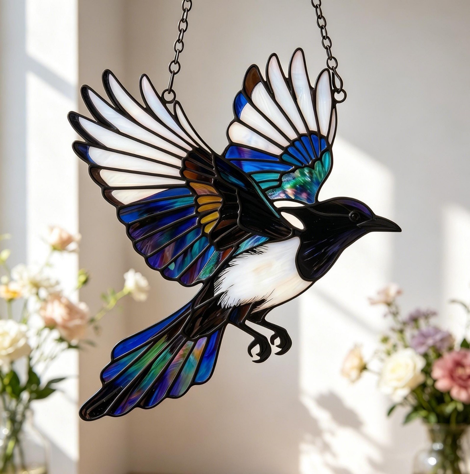Hand-Painted Magpie Suncatcher Flying Bird Window Hanging Garden Ornament Gift gallery