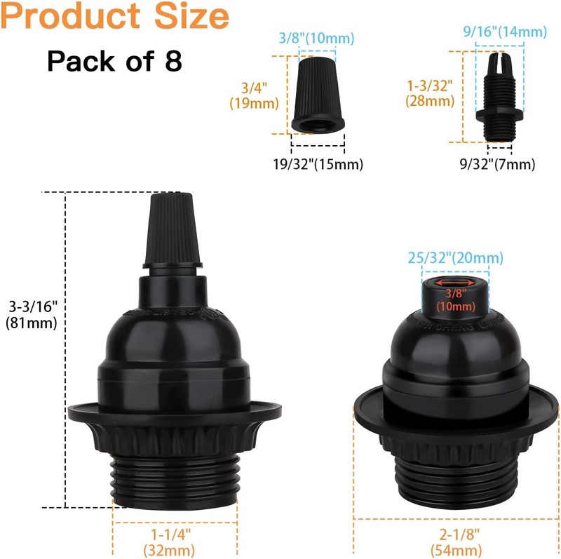 Zevnico 8 Pack E26 E27 Light Sockets, Black Medium Screw Base with Shade Ring... gallery