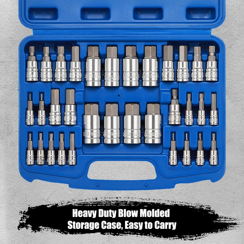 33PCS Hex Bit Socket Set, 1/4", 3/8" and 1/2" Drive, SAE & Metric Allen Socket gallery