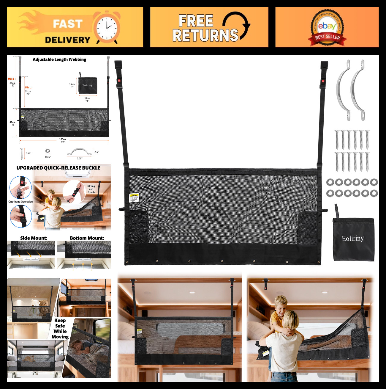 59" x 18" Adjustable RV Bunk Bed Safety Net with Quick Release Buckles - Travel gallery