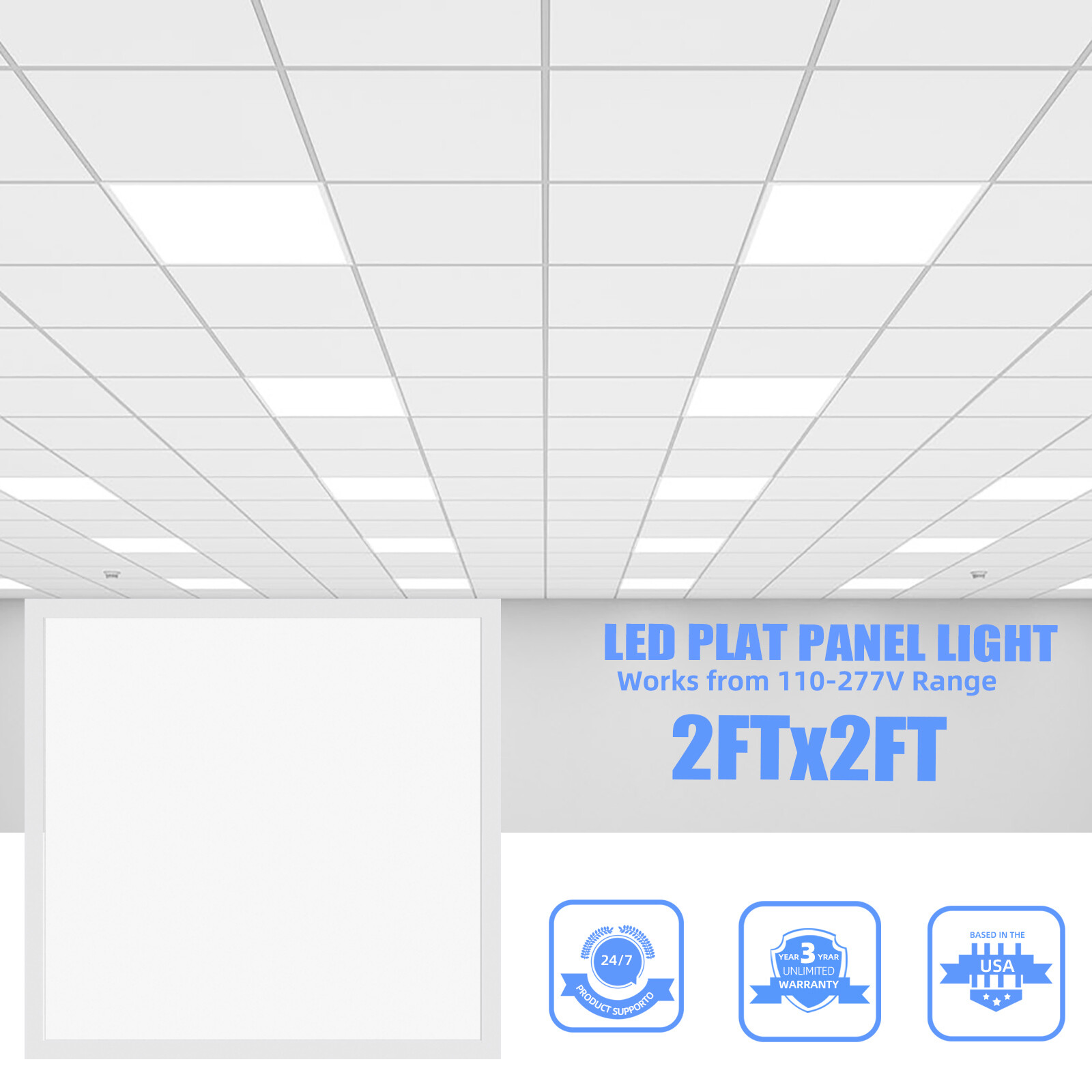 2 Packs 2'x2' LED Flat Panel Light 5400LM 45W 5000K Dimmable Drop Ceiling White gallery