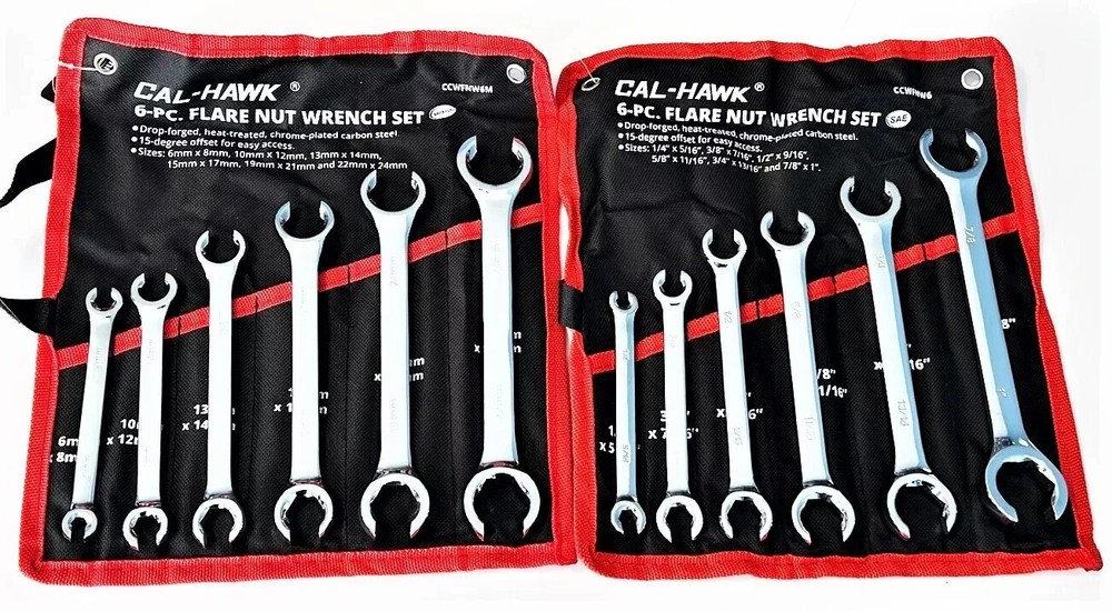 Cal-Hawk 12pc Flare Nut Wrench Set Standard and Metric Sizes in a Holding Pouch