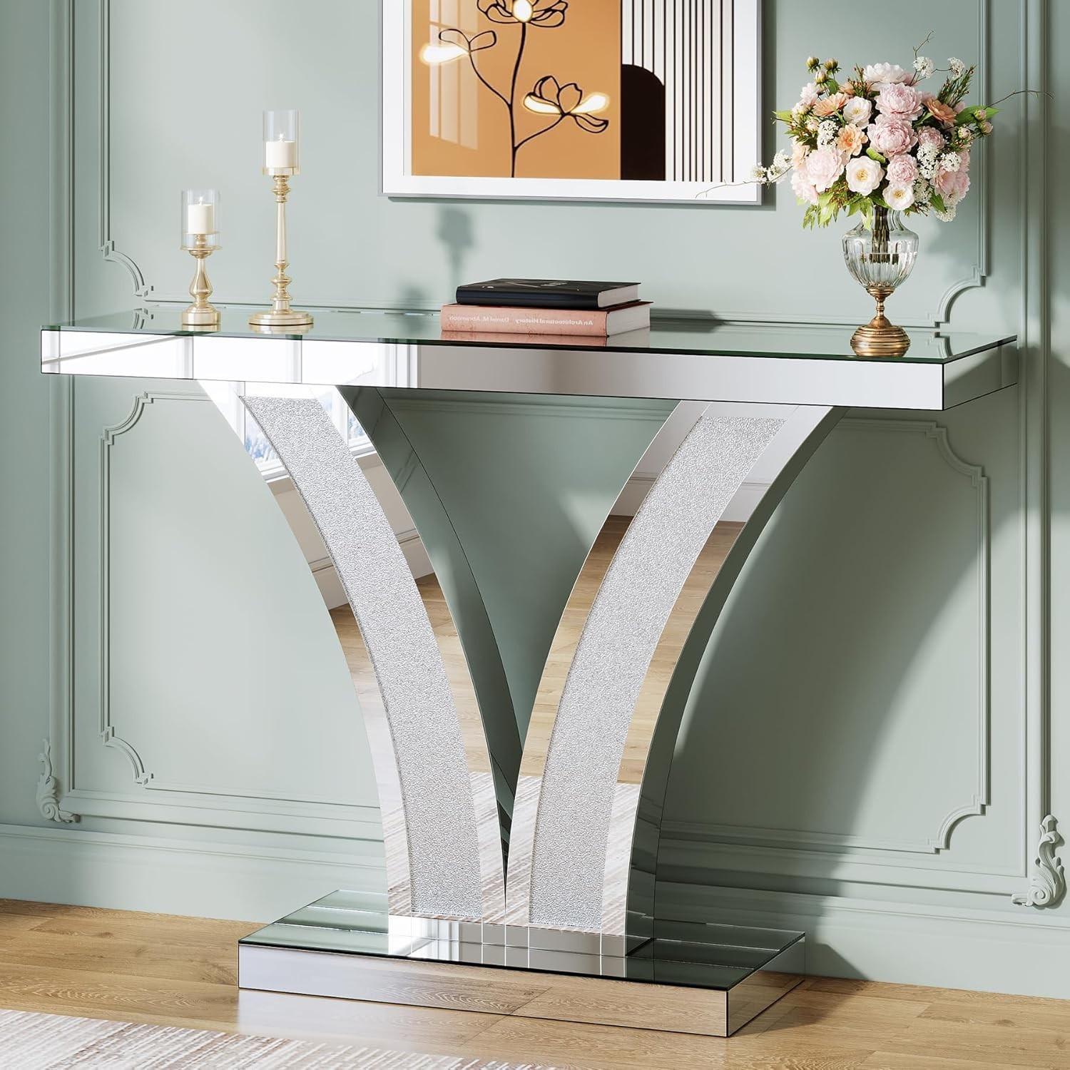 40"Sliver Mirrored Console Table, Modern Entryway Sofa Table with Crystal Frames gallery