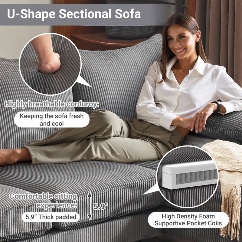 U-Shape Sectional Sofa Set with Corduroy Fabric Home Furniture Reception Room gallery