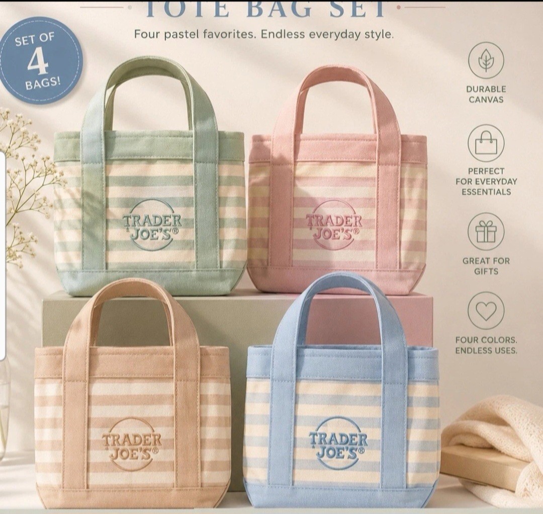 Trader Joe's Striped Mini Pastel Tote Bag Set, 4 Pack Canvas Reusable Multicolor gallery