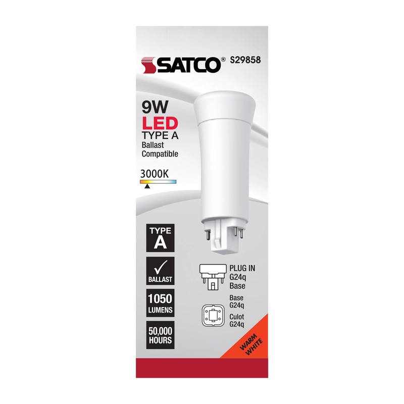 Satco S29858 LED CFL PL Replacement Vertical Bulb 9W 4-Pin G24q 3000K Warm White gallery