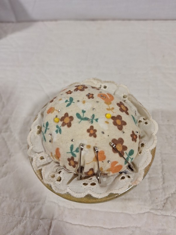 Studio Pottery Pin Cushion Brown And Blue Signed On Bottom 1984 Cracked On Rim gallery