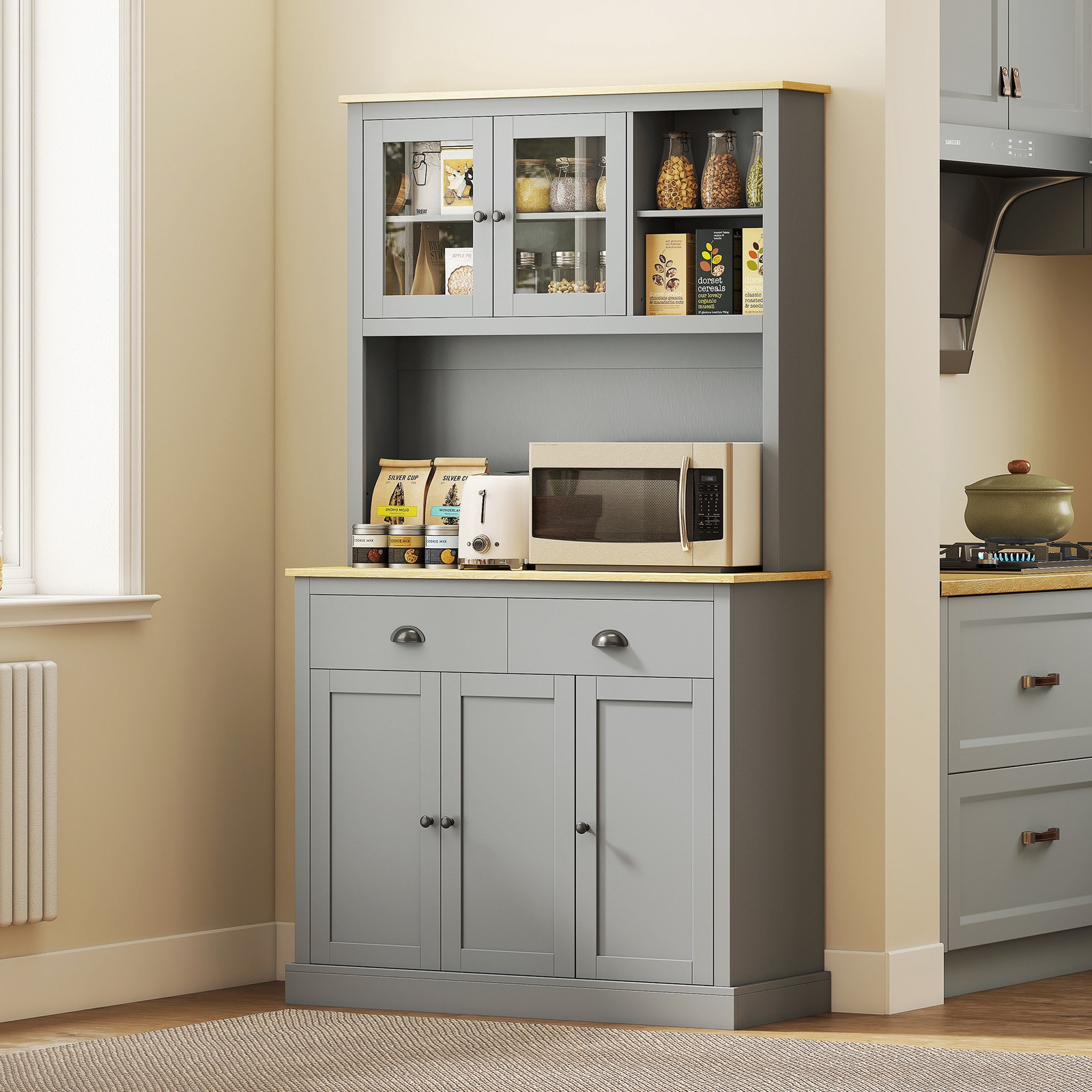 HOMCOM 71" Kitchen Pantry, Modern Storage Cabinet with Drawers, Glass Doors gallery