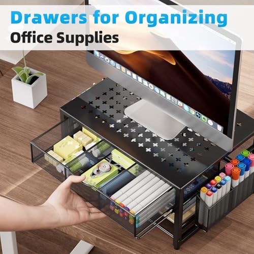 Metal Printer Stand for Desk with Storage Drawer and 2 Pen Holders, 2 Black gallery