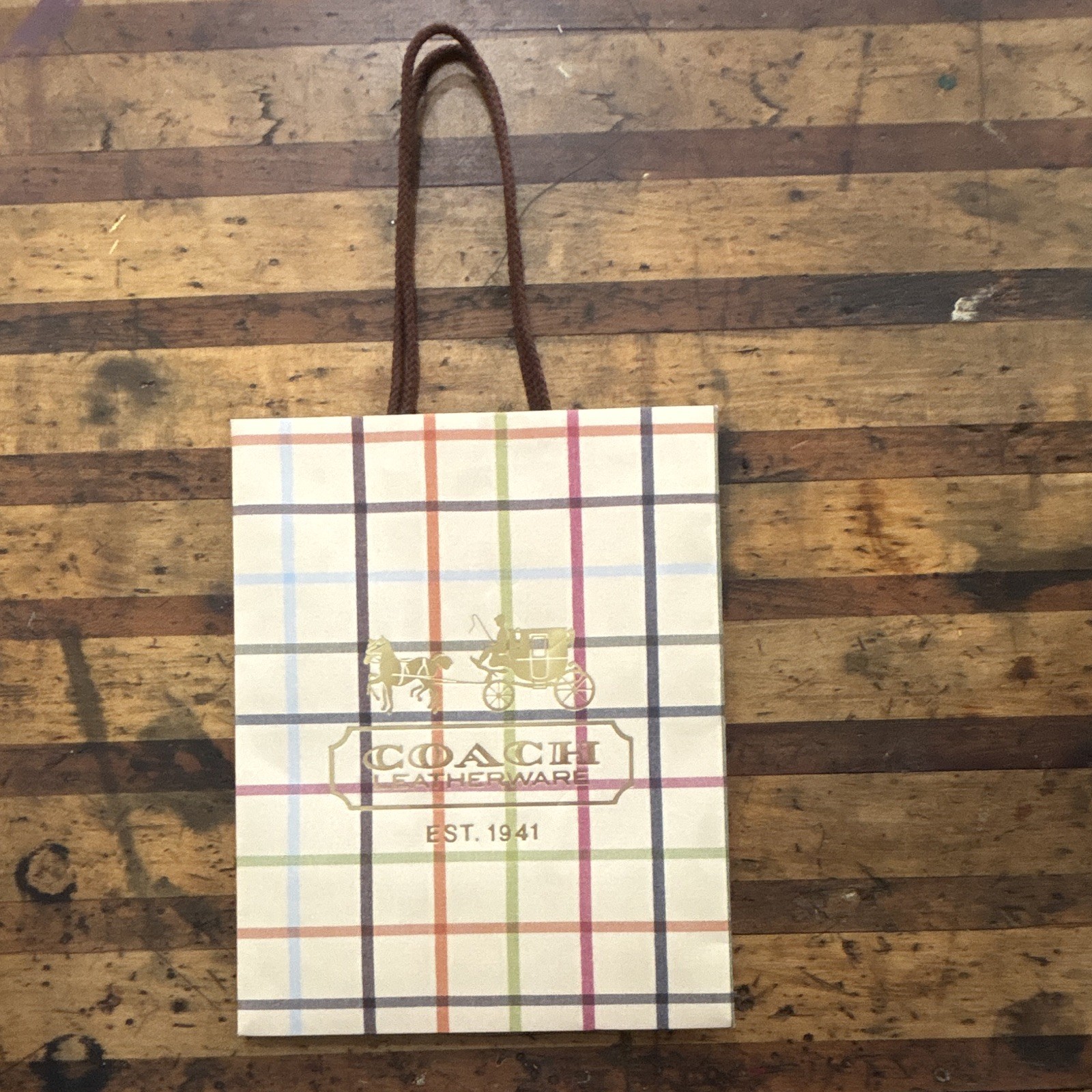Vintage 2007 Coach Plaid Paper Gift Bag w/ Rope Handles, Multicolor gallery