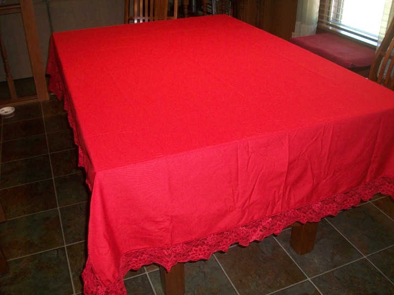 RED COTTON BLEND 90X59 TABLECLOTH TABLE COVER~3.5" RED LACE EDGING~NO TAGS~ gallery