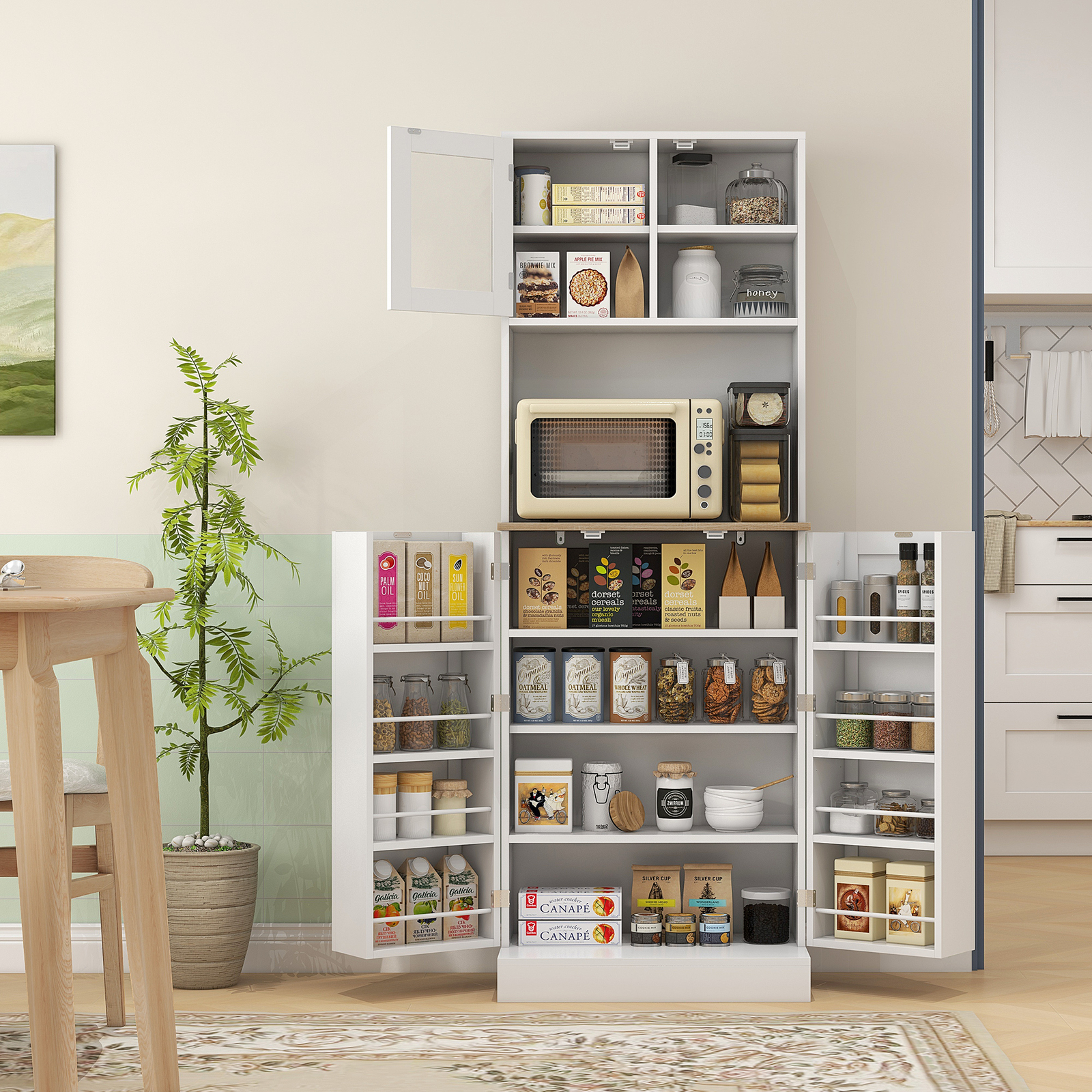 HOMCOM 66.5" Tall Kitchen Pantry Storage Cabinet with Microwave Stand White gallery