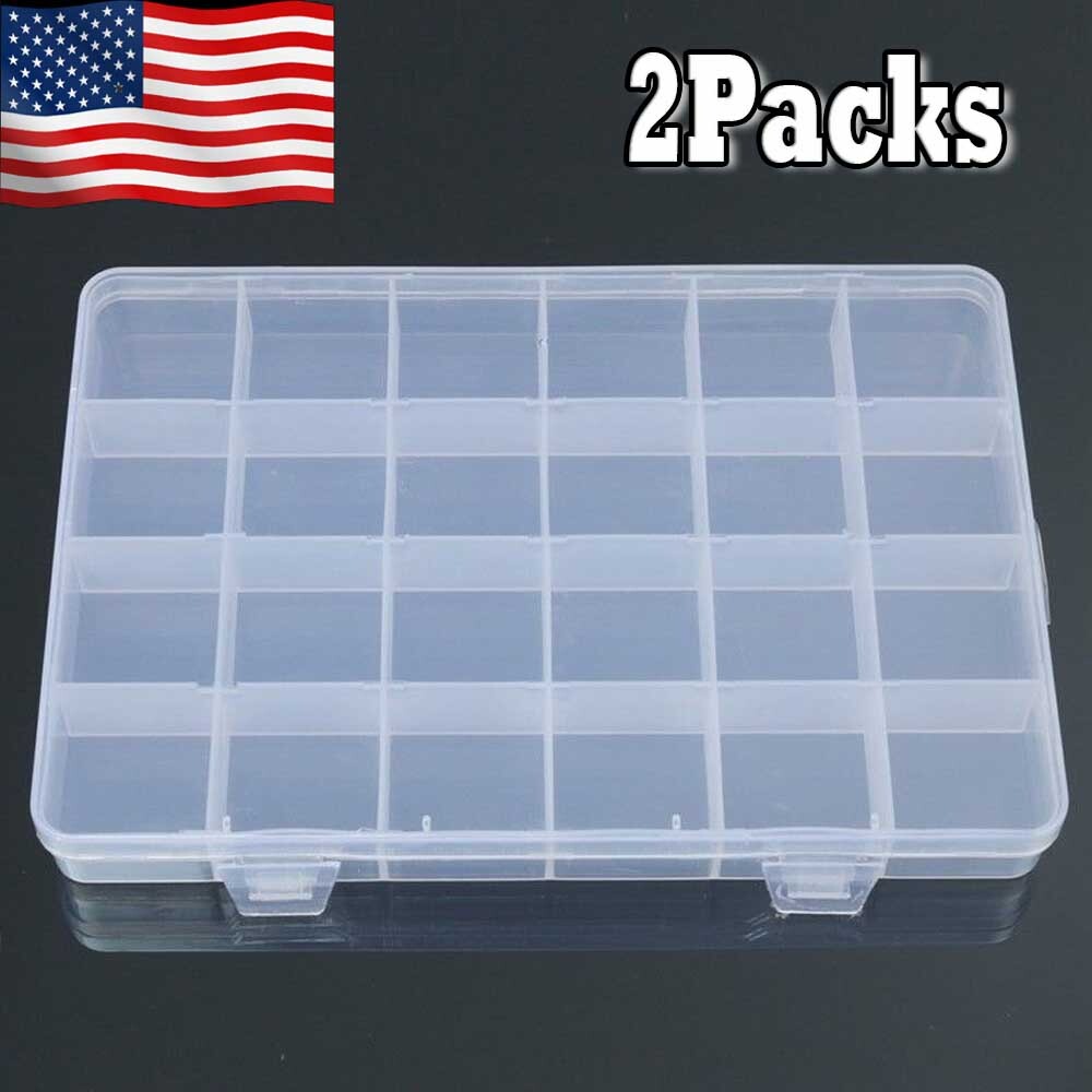 2Pcs 24 Grid Plastic Compartments For Jewelry Bead Organizer Storage Box Case US gallery