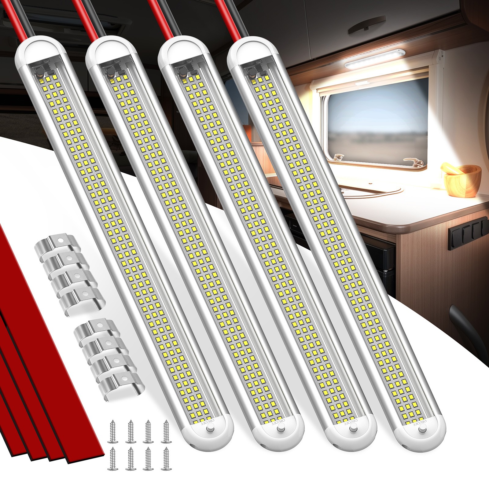 4Pc 12V 28W LED Interior Light Bar Strip, 120LED 2800LM LED Lights ON/Off Switch gallery