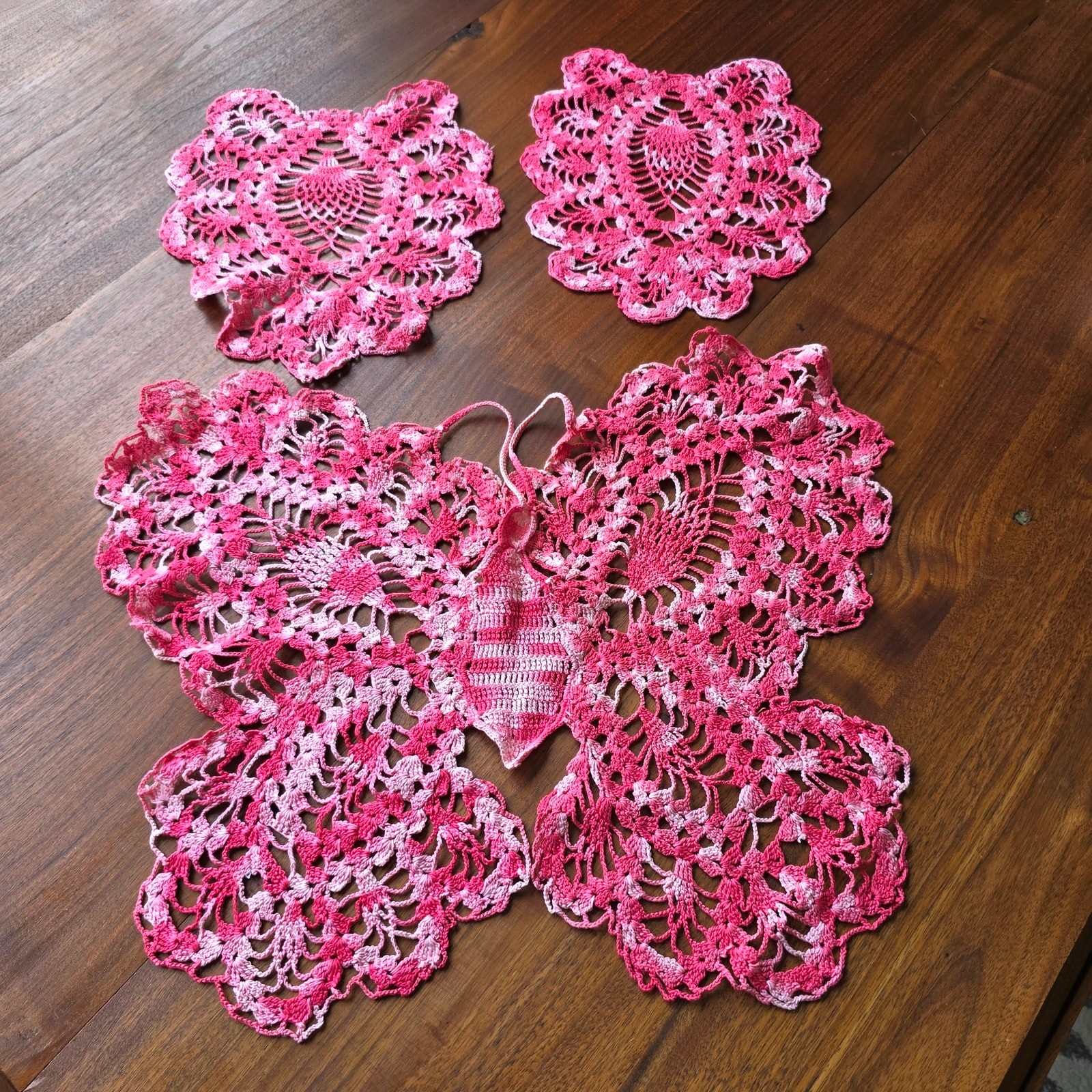 Vintage Crocheted Butterfly Doily Set of 3 Pink White Cottagecore Gardencore gallery