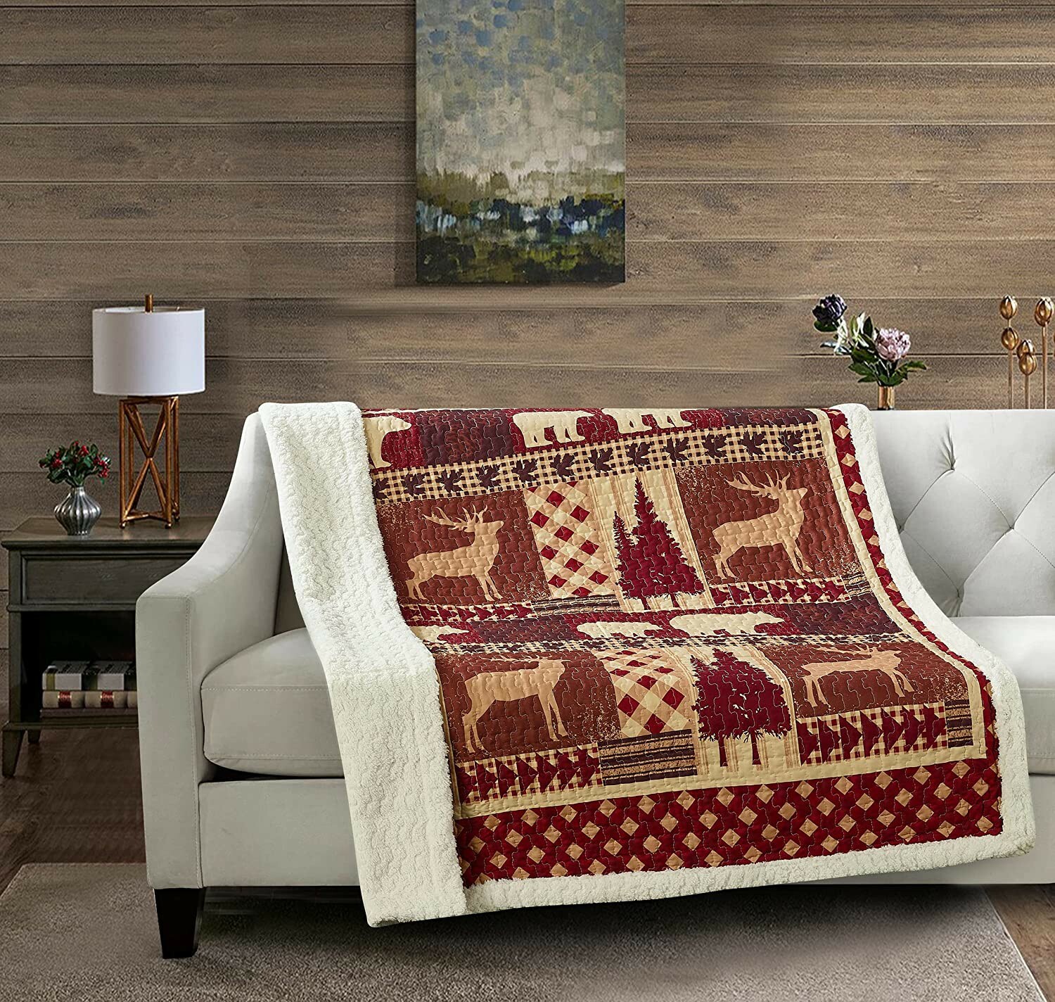 ANIMALS IN FOREST BEAR ELK PINES QUILTED SHERPA SOFT THROW BLANKET 50x60 INCH gallery