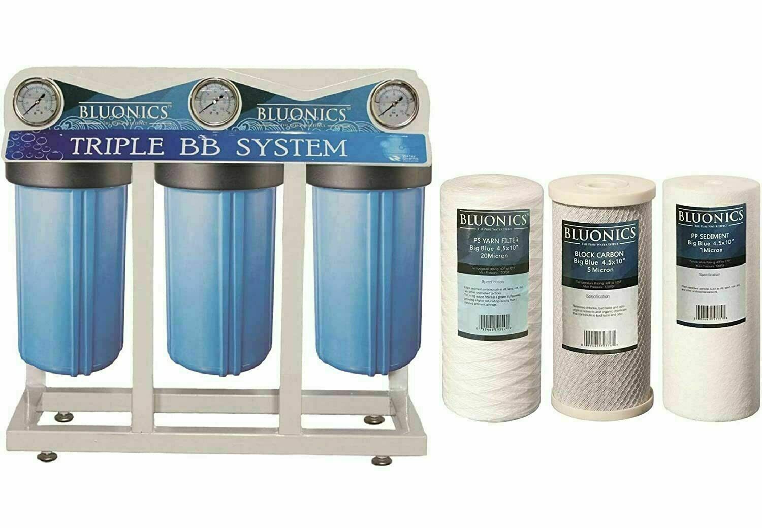 Bluonics Triple Whole House City & Well Water Sediment & Carbon Filters 4.5x10" gallery