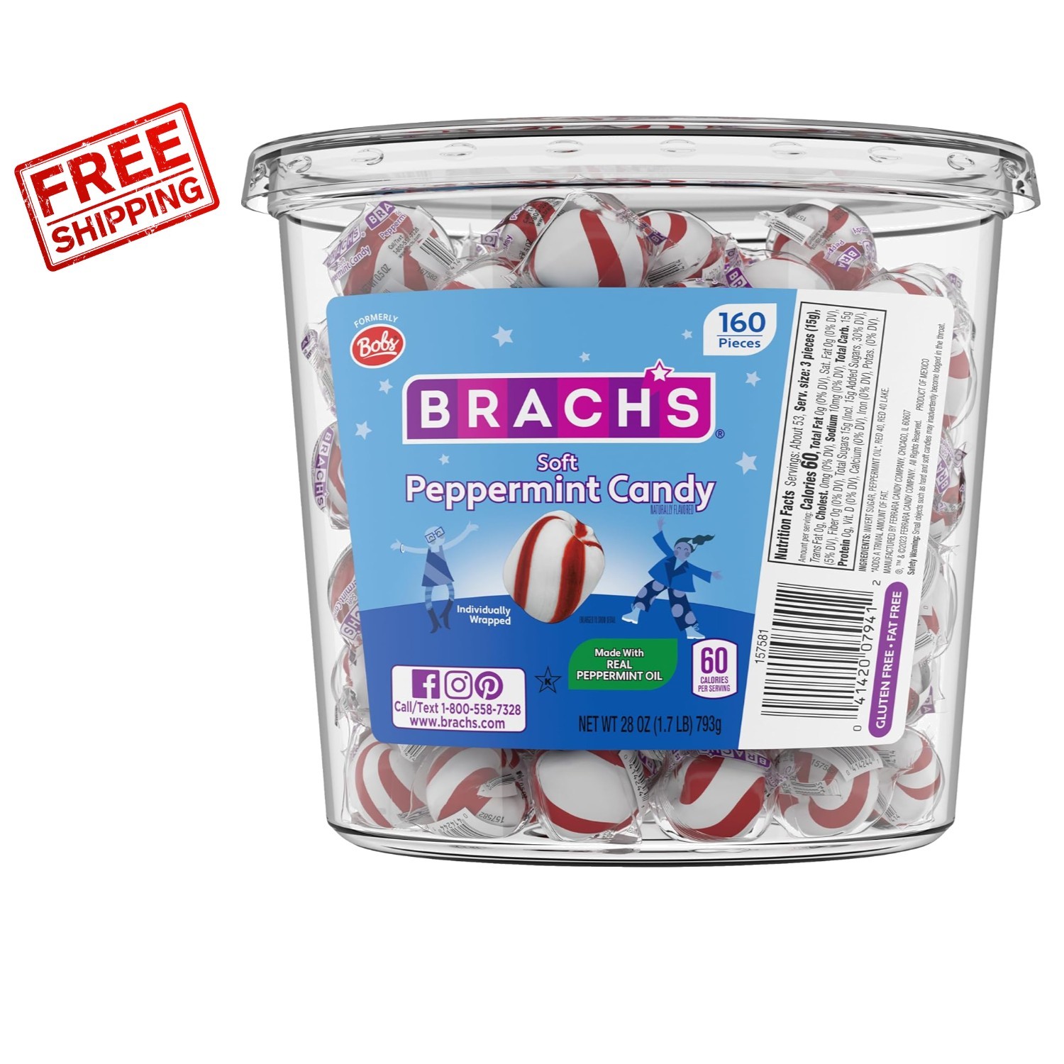 Deliciously Soft and Sugar-Free Bob's Sweet Stripes Peppermint Mints, 160 Count gallery