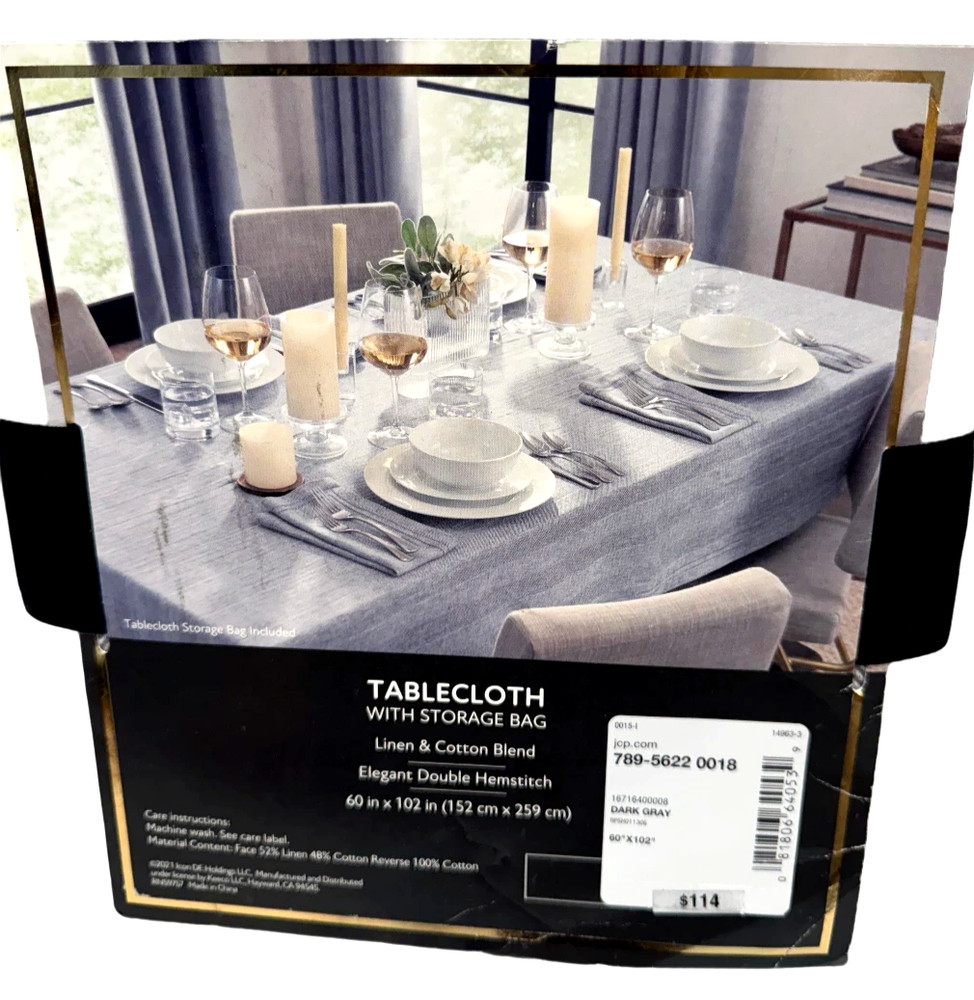 Fieldcrest Luxury Herringbone Tablecloth Gray Linen Blend Hemstitch 60" x 102"