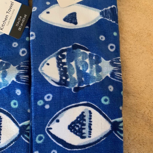 Mainstays Kitchen Towels - Fish in Blues/Whites on Blue - 2 Towels NWT 15"x25" gallery