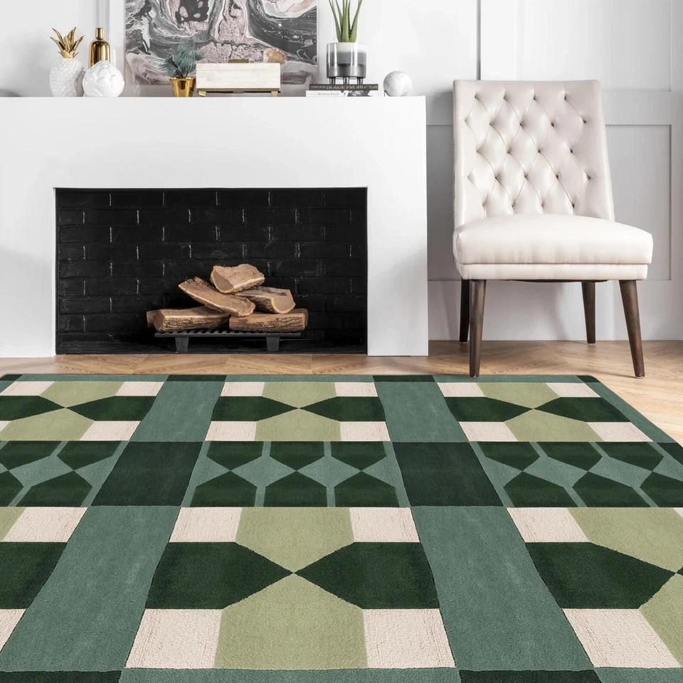 Green Wool Area Rug: Handmade Tufted Contemporary Carpet gallery