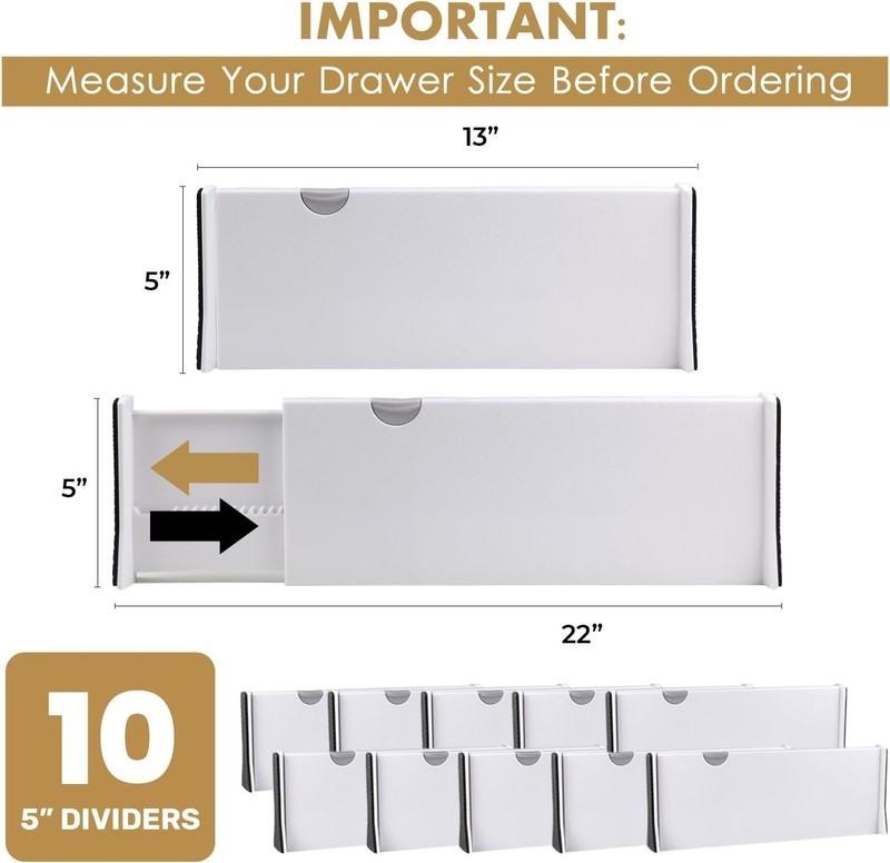 Adjustable Deep Drawer Divider – 5" Tall, Expandable 13-22", 10-Pack, Non-Sli... gallery