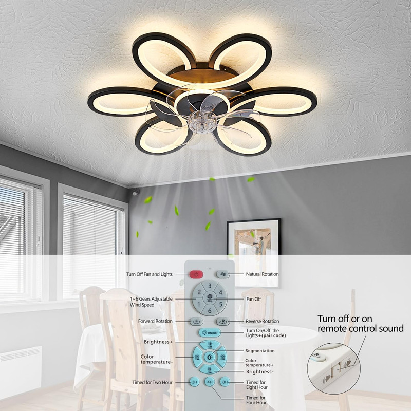 Modern Black-Star Flush Mount Ceiling Fan with Dimmable LED Light & Remote gallery
