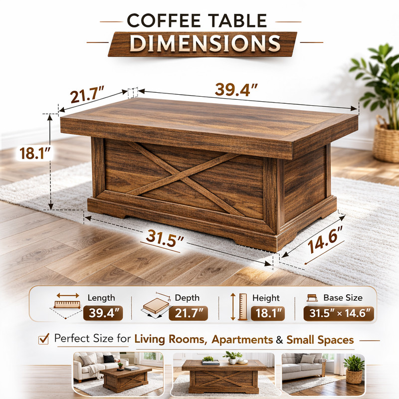 Rustic Square Coffee Table 39.4" Walnut for Living Room and Modern Office gallery