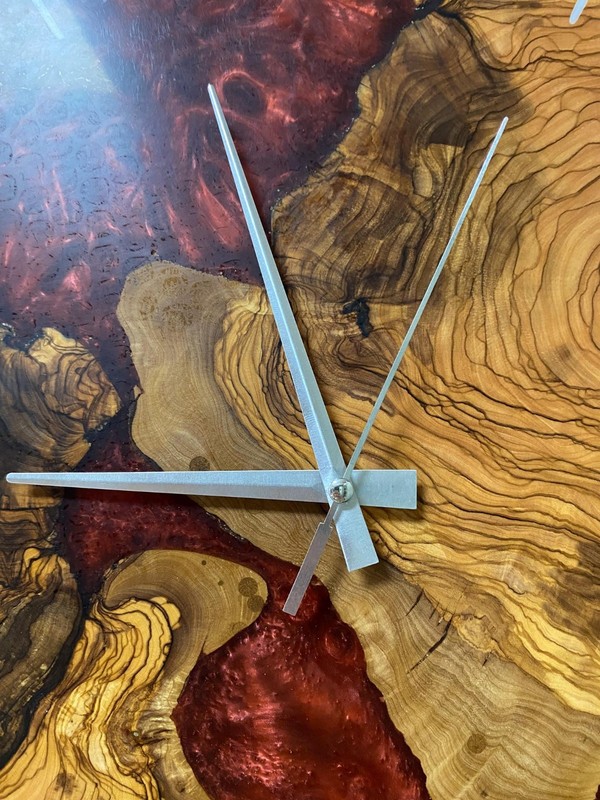 Handcrafted Wood Wall Clock Unique Rustic Decor Red Epoxy Designer hanging decor gallery