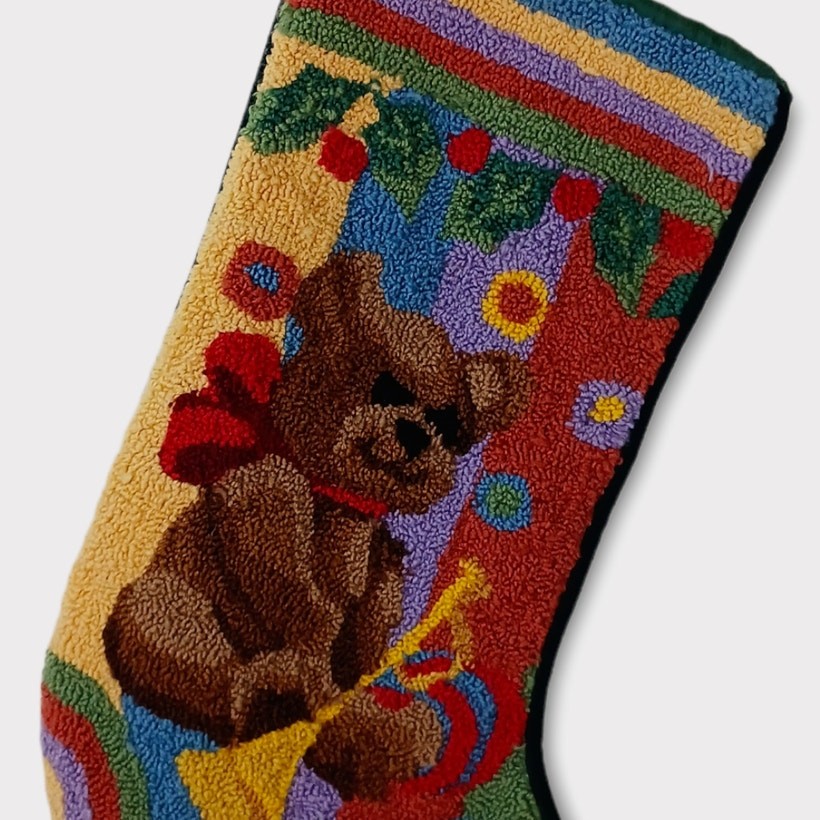 Wool Punch Needle Christmas Stocking Teddy Bear-Horn-Baby Vintage gallery