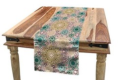 Mandala Table Runner, Oriental Floral Pattern with Circles 16″ X 72″ Tan Teal