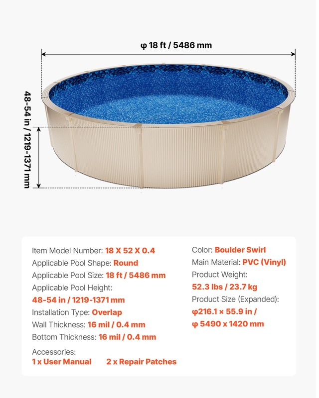 VEVOR 18ft Round Pool Liner Overlap 52in Wall Premium Vinyl Boulder Swirl gallery