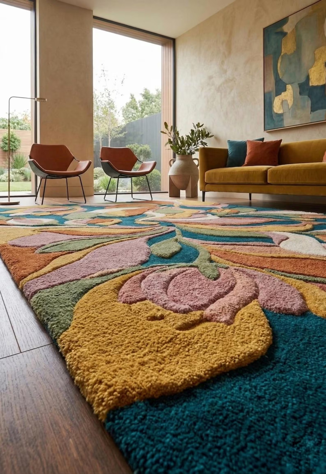 Hand Tufted Modern Area Rug, Teal Base, Carved Texture, Contemporary Living Room gallery