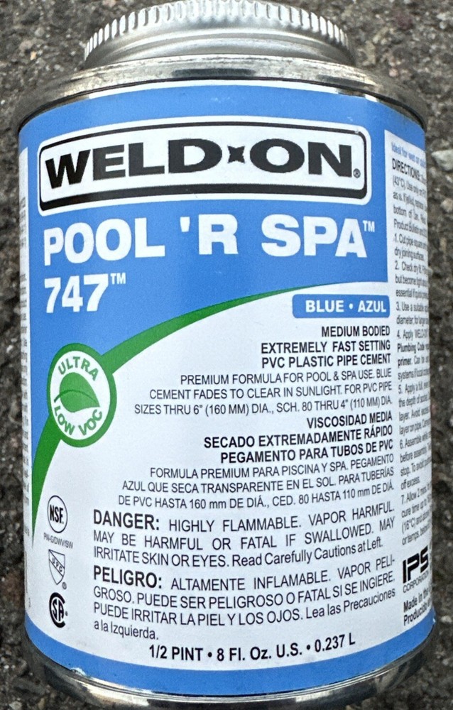 Weld On Pool ‘R Spa 747 Medium Blue Glue 8 FL OZ fades to clear in sun light New