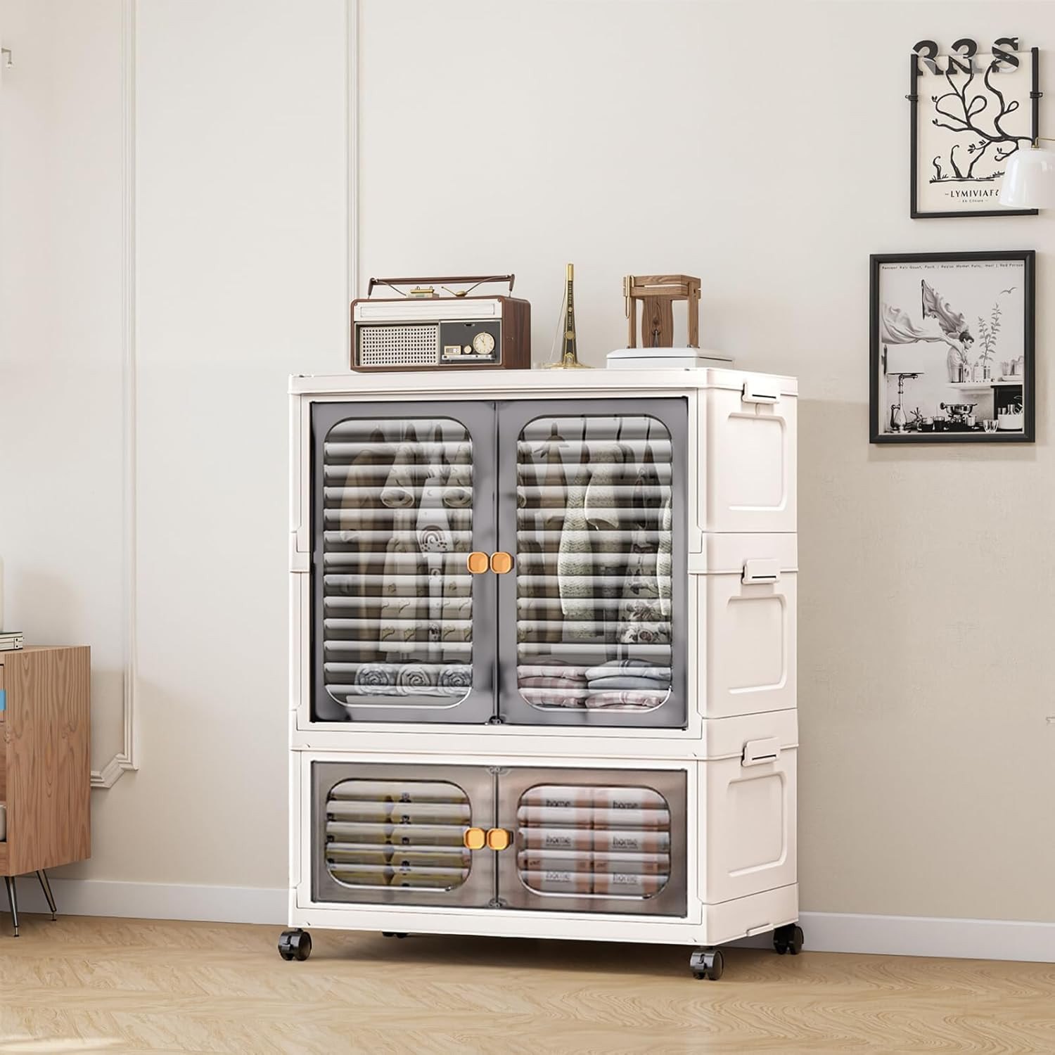 Stackable Storage Bins, Plastic Collapsible Storage Containers with Doors, Wheel gallery