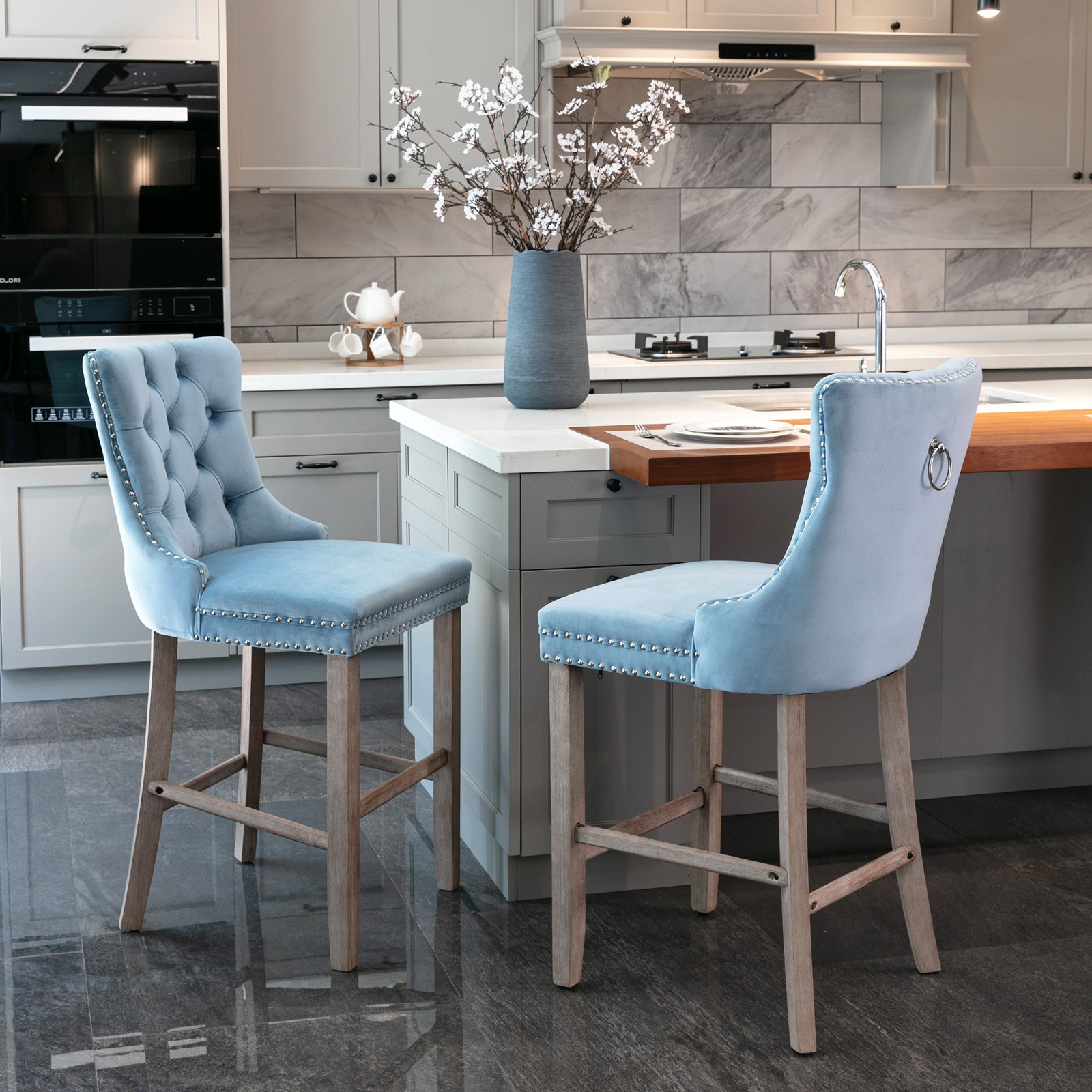 Contemporary Velvet Upholstered Barstools with Button Tufted Decoration and Wo gallery