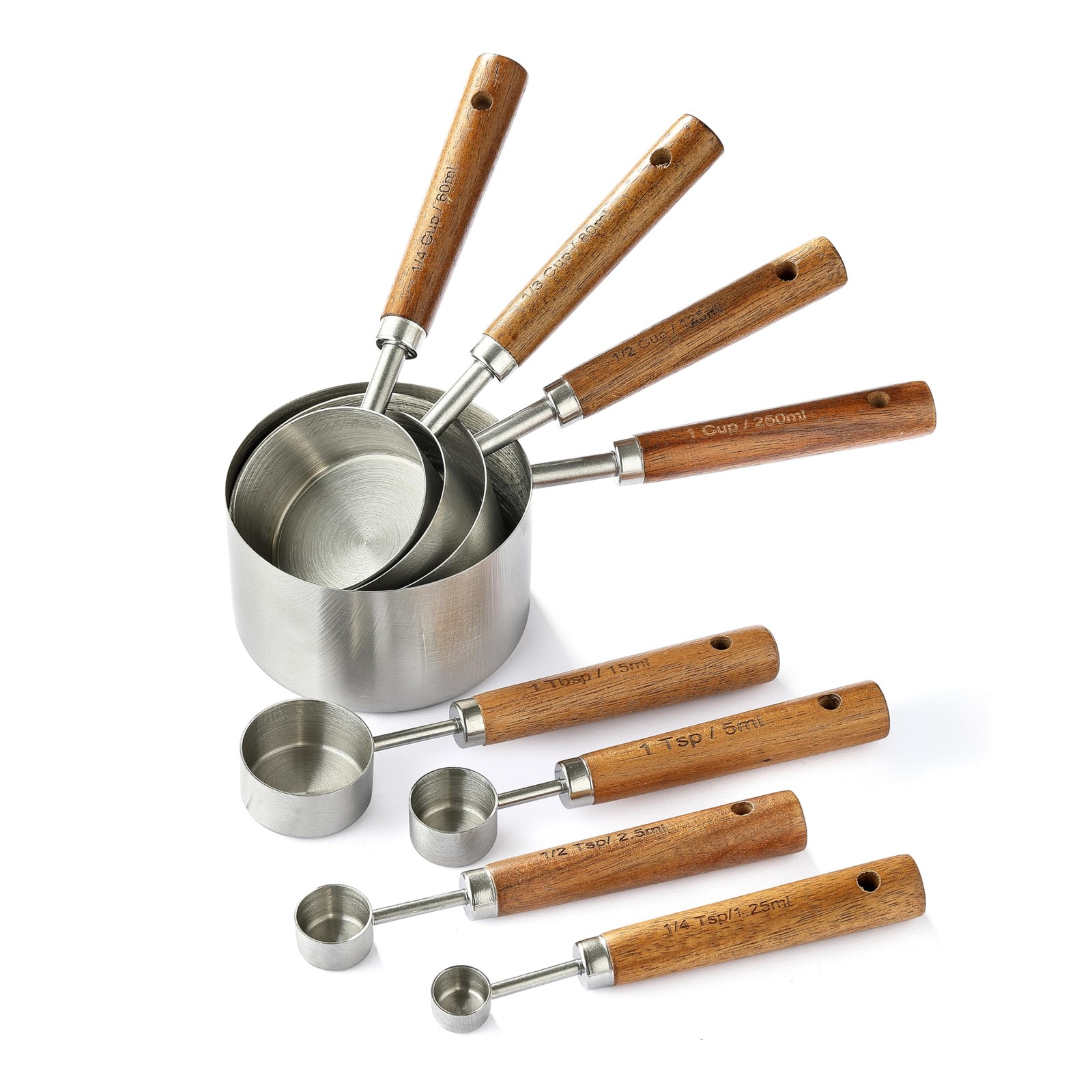 8PCS Measuring Cups Stainless Steel and Spoons Set with Ergonomic Wooden Handle gallery