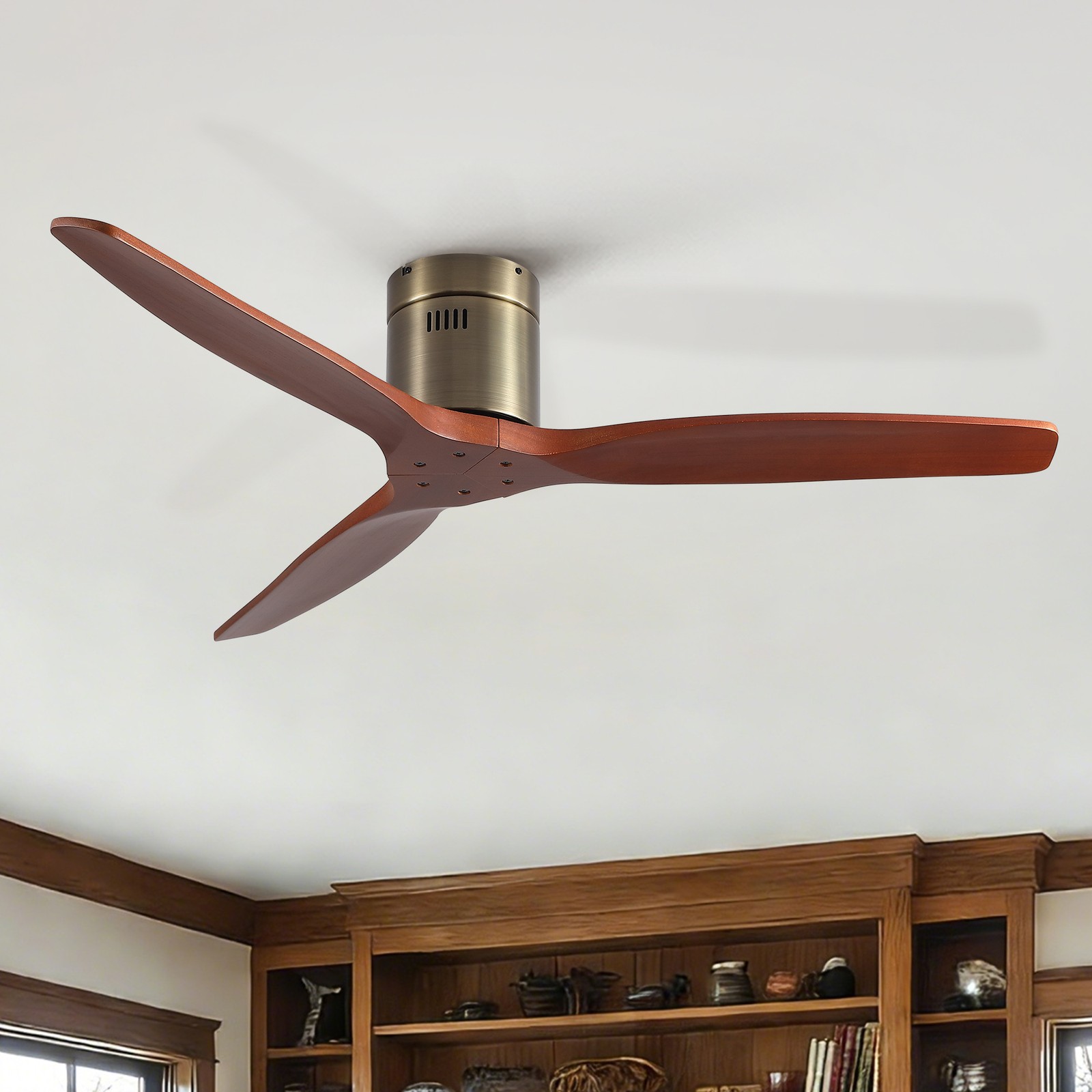 52" Solid Wood Flush Mount Ceiling Fan, Bronze, Reversible DC Motor gallery
