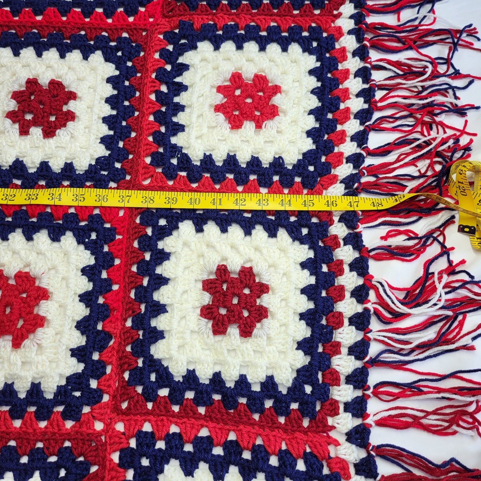 Granny Square Red White & Blue Patriotic Hand Crochet 47x39 Afghan Blanket Vtg gallery