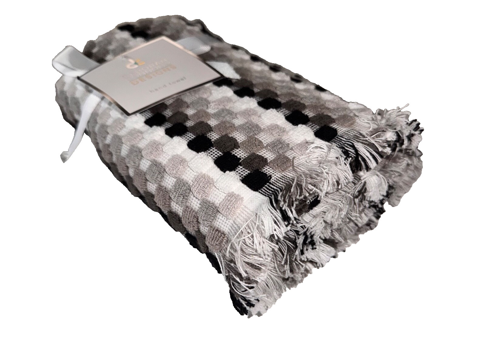 Deborah Connolly RAISED CHECKERED Gray Black White FRINGED BATHROOM HAND TOWELS gallery