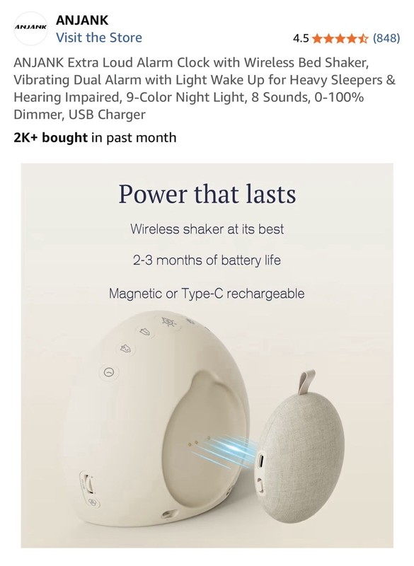 ANJANK Extra Loud Alarm Clock Digital Bed Shaker Dual Alarm Night Light Beige gallery