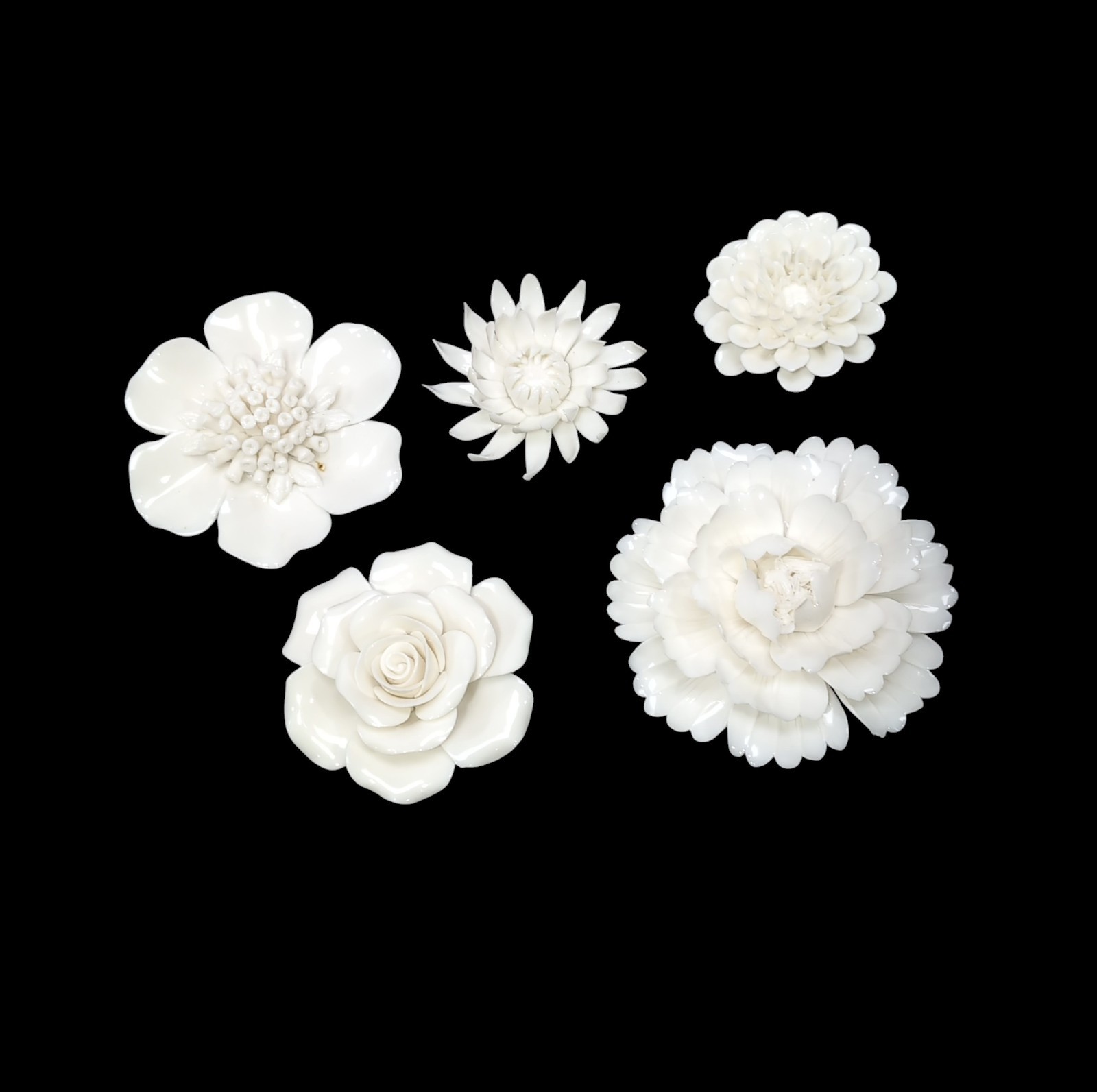 3D Ceramic Porcelain Flower Wall Decor Set 5 Pc Mixed Floral Wall Hangings White gallery