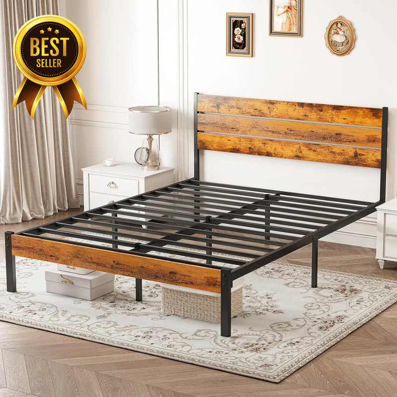 Full Size Bed Frame with Headboard 800LB Metal Support Rust Brown gallery