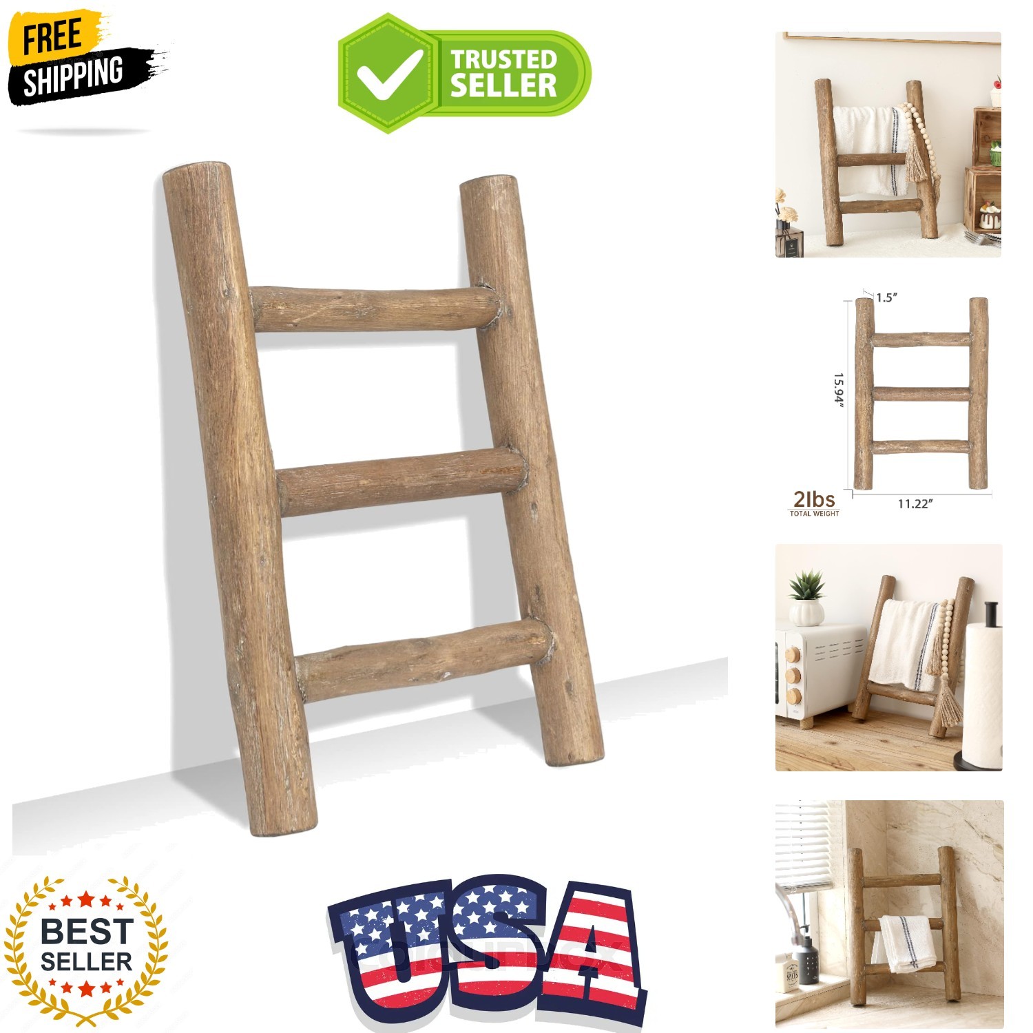 Fully Assembled Wooden Tea Towel Ladder, Mini Ladder Towel Rack Display Hange... gallery