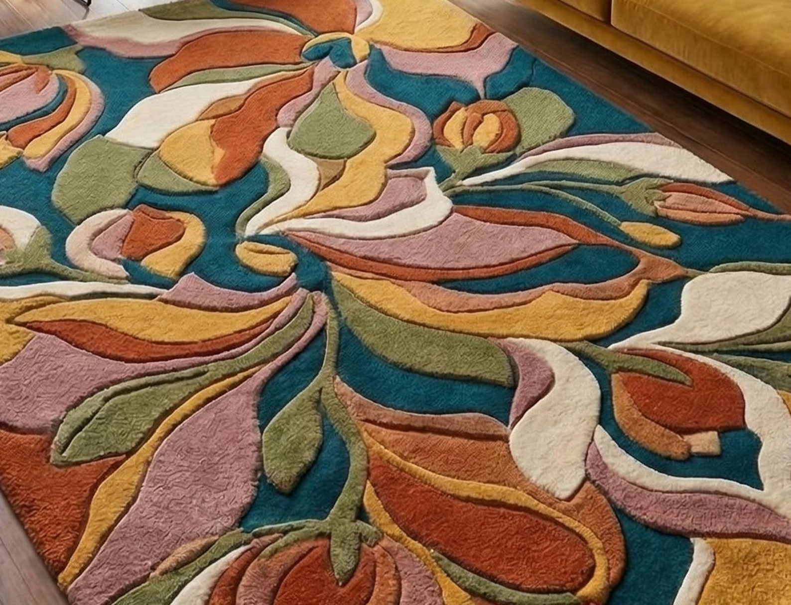 Hand Tufted Modern Area Rug, Teal Base, Carved Texture, Contemporary Living Room gallery