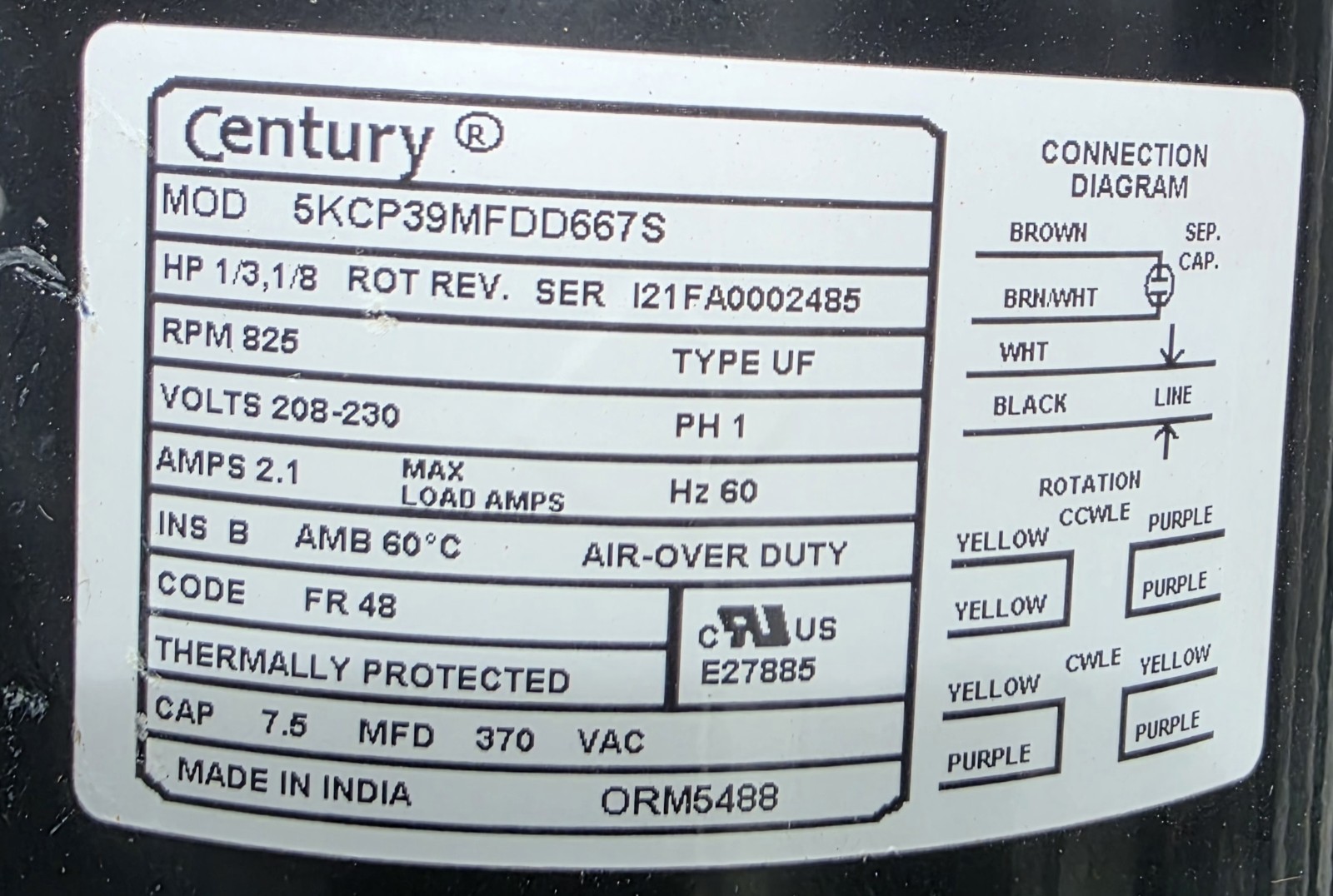 Century ORM5488 5KCP39MFDD667S 4 In 1 RPM 825 AMPS 2.1 Fan Motor gallery