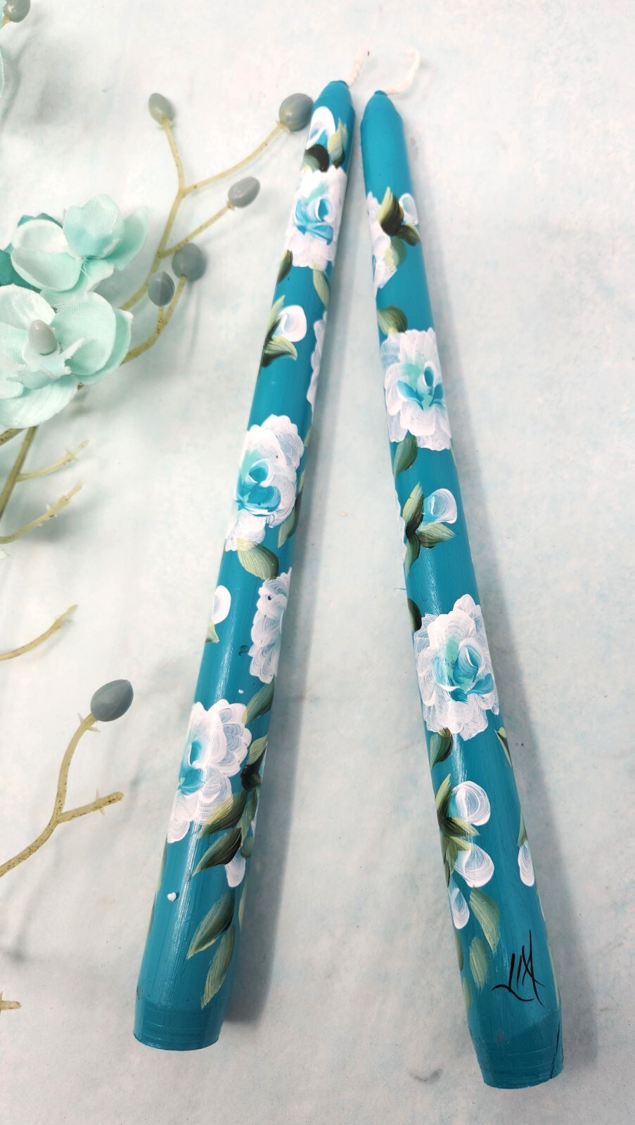 Taper Hand Painted Candle Sticks Dark Aqua Blue Roses & Buds 10" Set Of 2 gallery