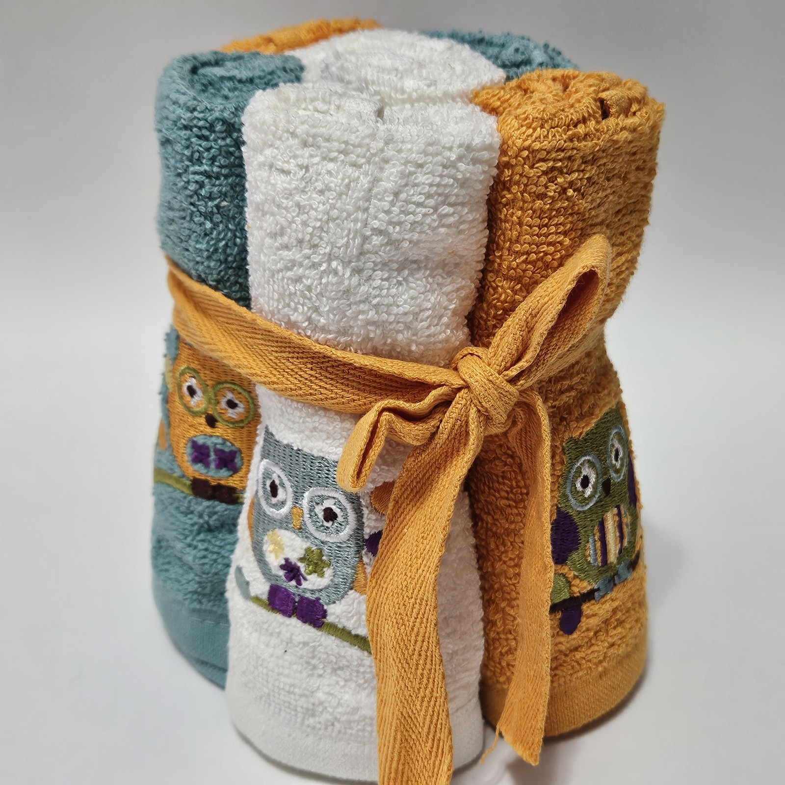 6-pc Saturday Knight Ltd Washcloth Set Embroidered Owls 2 ea Orange Teal & White gallery