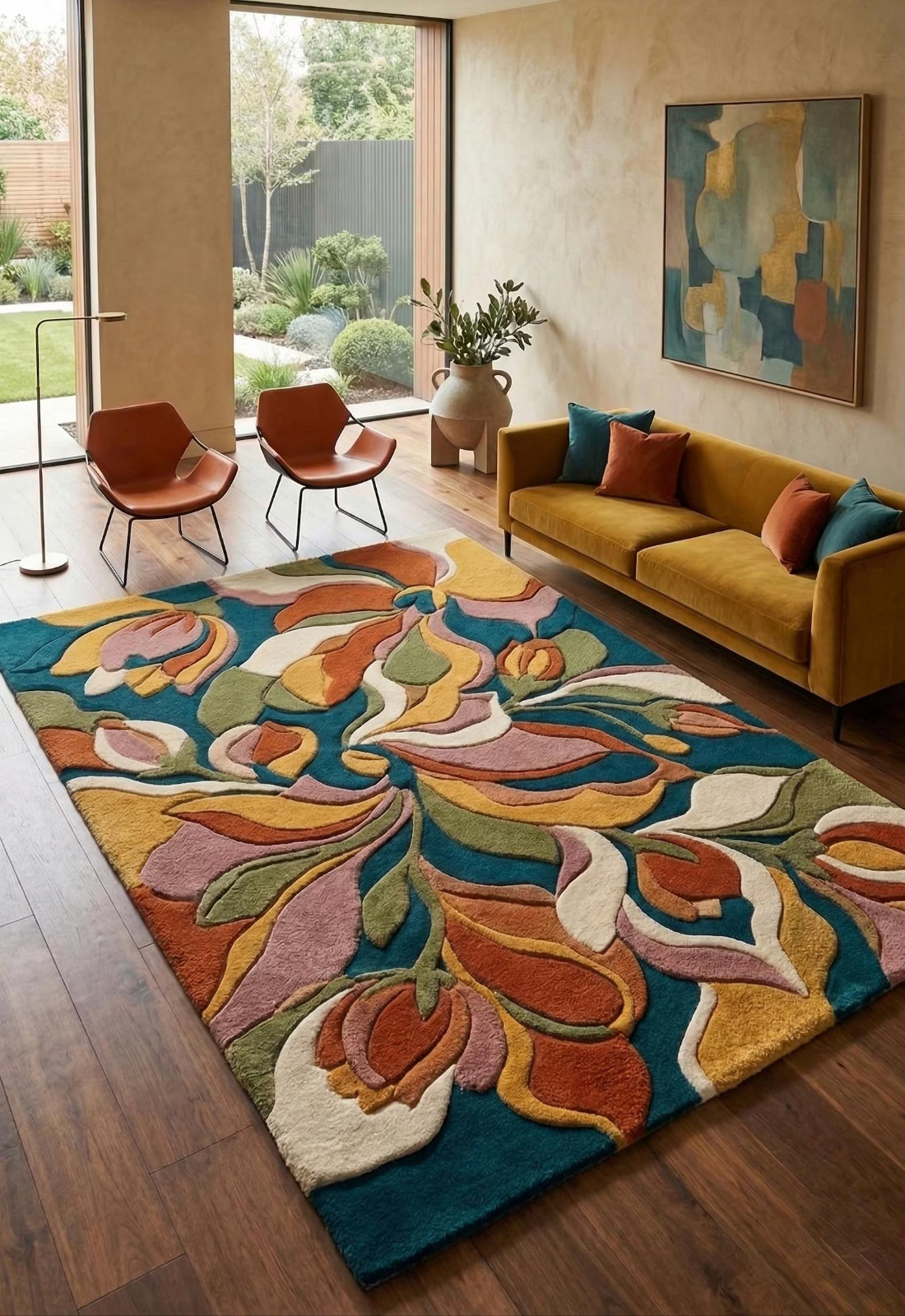 Hand Tufted Modern Area Rug, Teal Base, Carved Texture, Contemporary Living Room gallery
