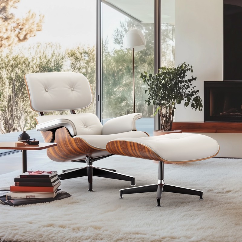 Classic Eames Lounge Chair With Ottoman Black / White Leather Armchair Club Seat gallery